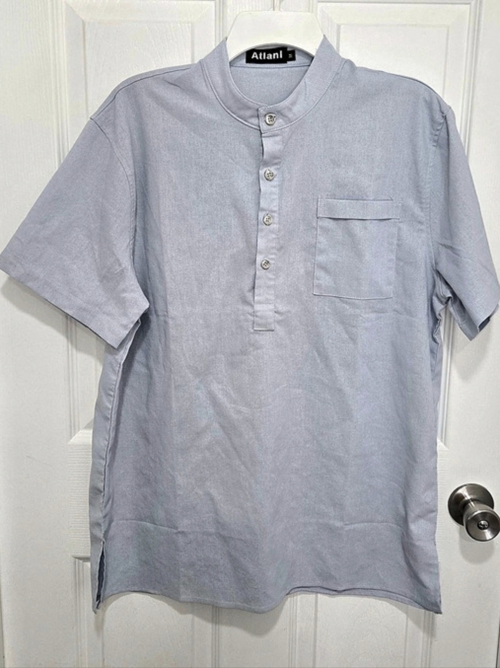 AtlanI Men's Linen Cotton Mandarin Collar Shirt Size Medium